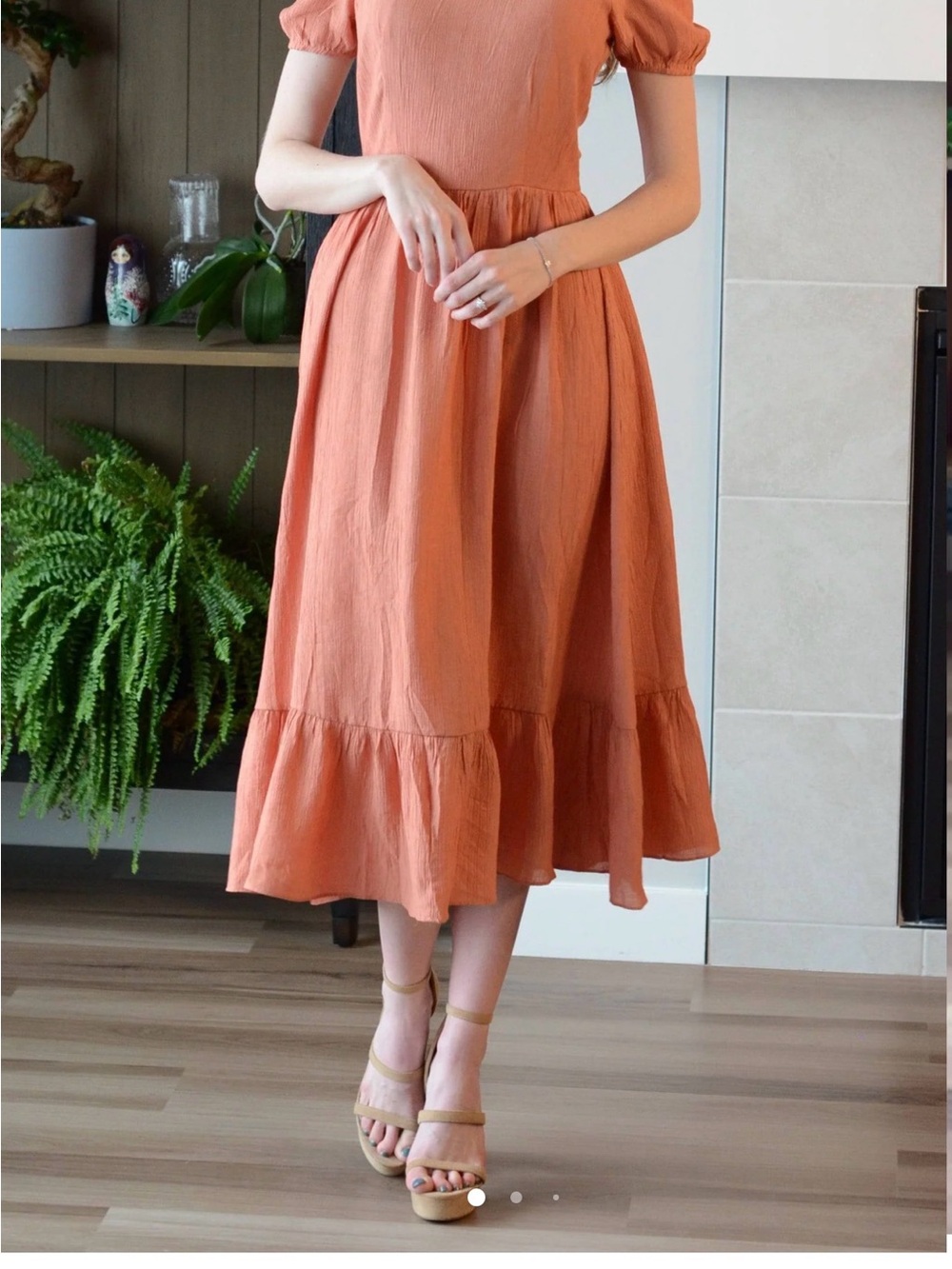 Poema Terracotta Tiered Midi Dress